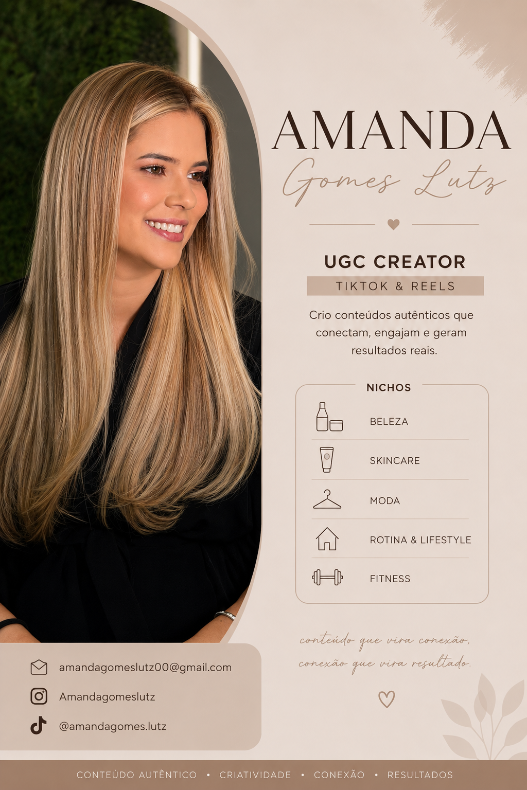Meu nome é Amanda Gomes Lutz, sou criadora UGC apaixonada por produzir conteúdos autênticos, modernos e naturais. Moro no Brasil e crio vídeos para TikTok e Reels com foco em conexão, criatividade e resultados reais para marcas.